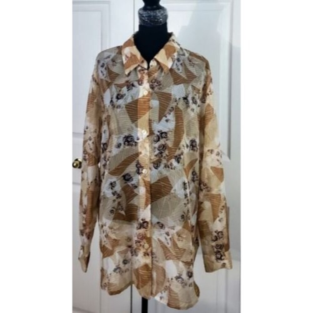 Sag Harbor Women's Sheer Blouse Brown Multi-colored Button Tunic Sz L EUC